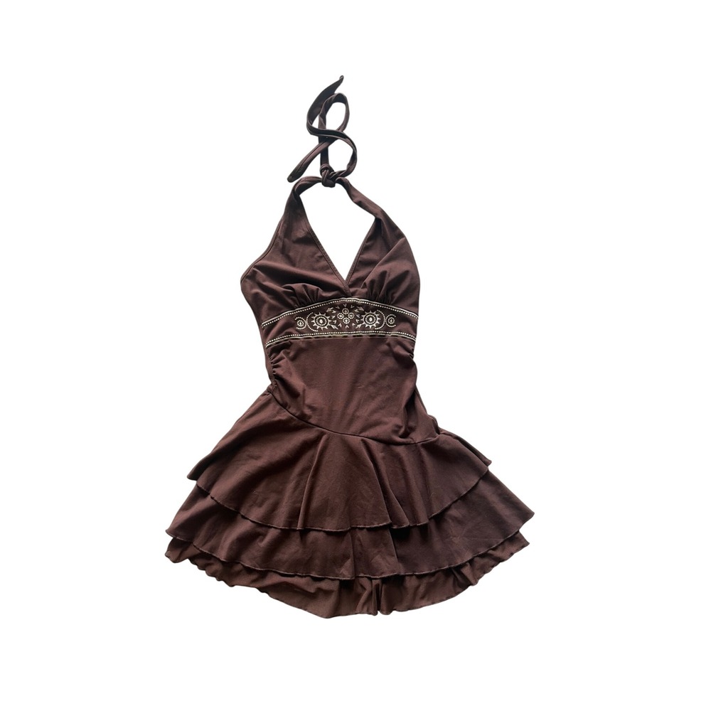 Halter Dress Fairy Boho Romwe Women XS Brown Ruffle Tiered Embroidered Mini